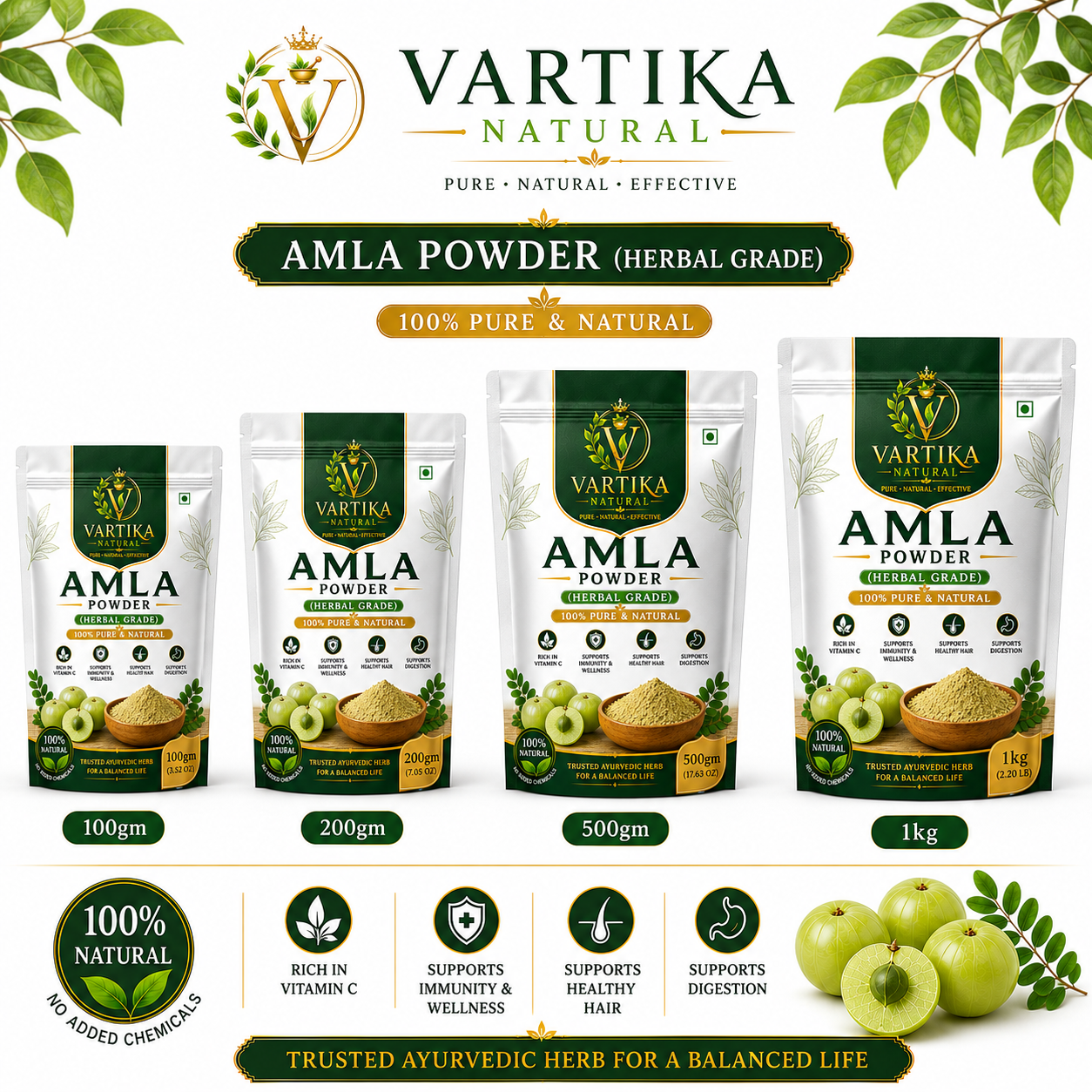 Premium Amla Powder (Herbal Grade) | 100% Pure Natural Herbal Amla Powder | Vartika Natural