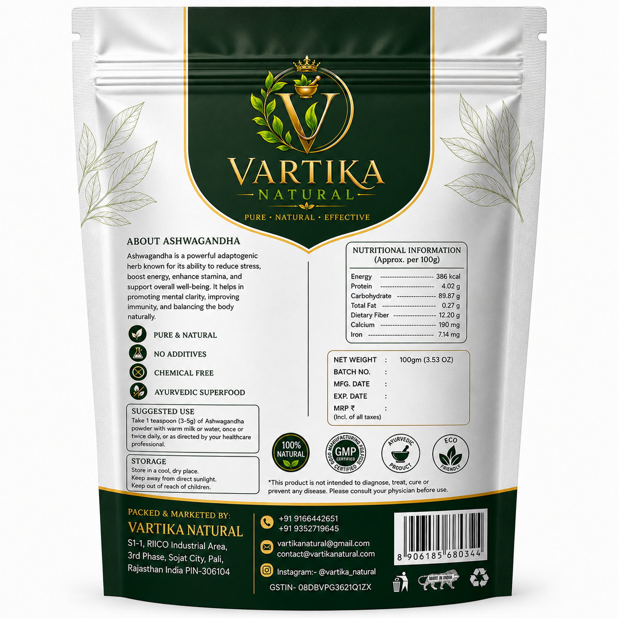 Premium Ashwagandha Powder (Withania Somnifera) | 100% Pure & Natural | Vartika Natural - Image 3